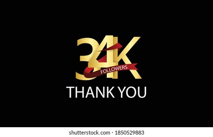 34K, 34.000 Followers Thank You anniversary Red logo with Tosca ribbon. For Social Medias - Vector	
