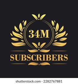 34M Subscribers celebration design. Luxurious 34M Subscribers logo for social media subscribers