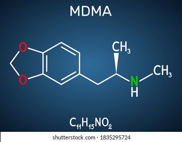 3,4-Methylenedioxymethamphetamine, MDMA, XTC, ecstasy molecule. It is psychoactive, hallucinogen drug. Structural chemical formula on the dark blue background. Vector illustration