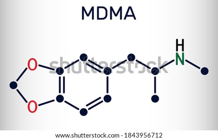 3,4-Methylenedioxymethamphetamine, MDMA, XTC, ecstasy molecule. It is psychoactive, hallucinogen drug. Skeletal chemical formula. Vector illustration