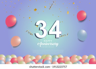 Antecedentes del 34º aniversario con número 3D e ilustración de globos