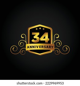 34th anniversary celebration background. Vector illustration, Beautiful greeting banner poster and golden logo with gold text word and gold number.