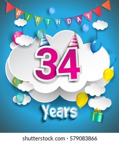 34th Anniversary Celebration Design, with clouds and balloons, confetti. Vector template elements for your, thirty four years birthday celebration party.