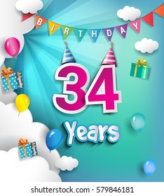 34th Anniversary Celebration Design, with clouds and balloons. using Paper Art Design Style, Vector template elements for your, thirty four years birthday celebration party.