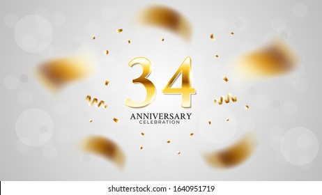 34th anniversary celebration with gold color and white background bokeh effects and sparkling confetti. modern elegant design can be used for a wedding or company. editable vector EPS 10
