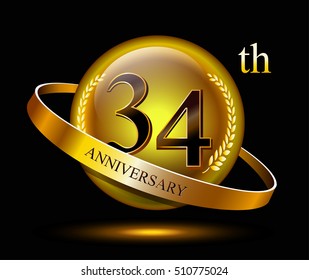 34th anniversary celebration with gold ring and laurel on black isolated background