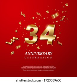 34th Anniversary celebration. Golden number 34 with sparkling confetti, stars, glitters and streamer ribbons on red background. Vector festive illustration. Birthday or wedding party event decoration