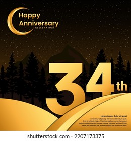 34th anniversary, Anniversary Celebration with golden text, isolated on mountains background, vector template illustration