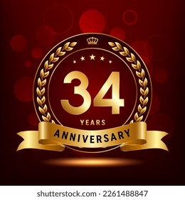 34th Anniversary Celebration. Anniversary logo design with golden color laurel wreath for birthday celebration event, invitation, greeting card, banner, poster, flyer, flyer. Logo Vector Template