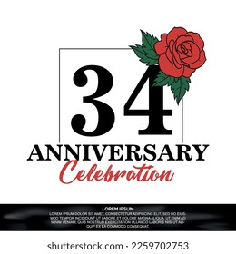 34º aniversario celebración logo diseño vectorial con flor rosa roja con fuente de color negro sobre fondo blanco abstracto  