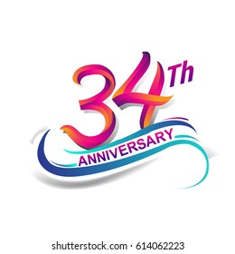 34th anniversary celebration logotype blue and red colored. thirty four years birthday logo on white background.