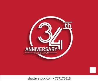 34th anniversary celebration logotype with linked number in circle isolated on red background