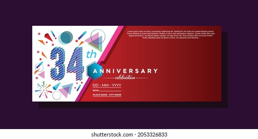 34th anniversary, anniversary celebration vector design on colorful geometric background and circle shape.