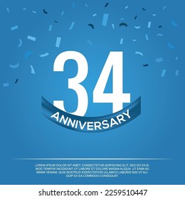 34th anniversary celebration vector design with white color numbers and  white color font on  blue color background abstract 