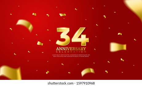 34th anniversary celebration vector red background. Golden numbers with shadow and sparkling confetti modern and elegant design for wedding party event decoration. Editable vector EPS 10