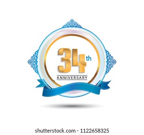 34th anniversary design golden color on circle with blue ornament and ribbon for celebration event 