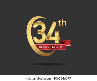 34th anniversary design logotype golden color with swoosh ring and red ribbon for celebration isolated on dark background