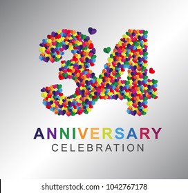 34th anniversary design logotype paper hearts multi-color for celebration