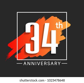 34th anniversary design with orange color brush in square isolated on black background for celebration