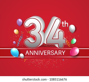 34th anniversary design red background with balloons and confetti for company celebration event 