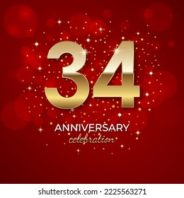 34th Anniversary. Golden number 34 with sparkling confetti and glitters for celebration events, weddings, invitations and greeting cards. Realistic 3d sign. Vector festive illustration