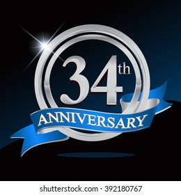 34th anniversary logo with blue ribbon and silver ring, vector template for birthday celebration.