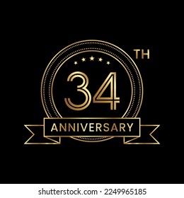 34th Anniversary logo design with gold color for celebration event, invitation, banner, poster, flyer, greeting card. Line Art Design, Logo Vector Illustration