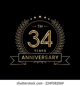 Diseño del logo del 34º Aniversario con laurel para celebración de evento, invitación, pancarta, afiche, volante, tarjeta de saludo. Diseño de arte de línea, Ilustración de vectores de logotipos