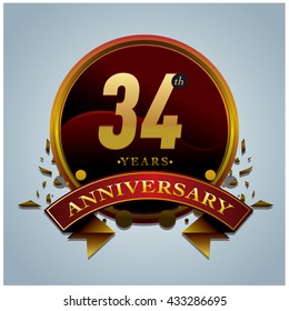 34th anniversary logo with gold circle badge. Anniversary signs illustration. Gold colors anniversary logo with circle ring