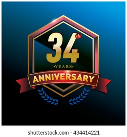 34th anniversary logo with gold ring and red ribbon. Anniversary signs illustration. Gold anniversary logo design and illustration
