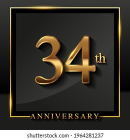 34. Jubiläum Logo goldfarben einzeln auf schwarzem Hintergrund, Vektordesign für Grußkarte und Einladungskarte.