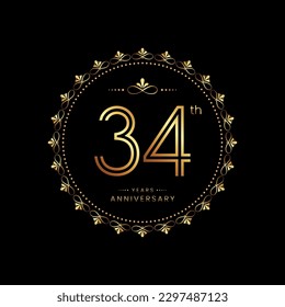 34th anniversary logo with golden number for celebration event, invitation, wedding, greeting card, banner, poster, flyer. Ornament vector design