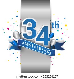 34th anniversary logo with silver label and blue ribbon, balloons, confetti. thirty four Years birthday Celebration Design for party, and invitation card