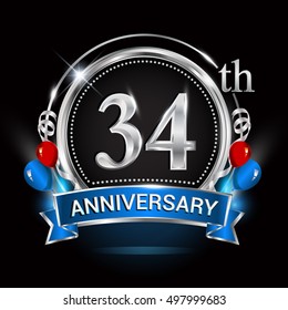 34th anniversary logo with silver ring,balloons and blue ribbon. Vector design template elements for your birthday celebration.