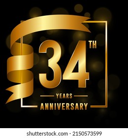 34th Anniversary logotype. Anniversary celebration template design with golden ribbon for booklet, leaflet, magazine, brochure poster, banner, web, invitation or greeting card. Vector illustrations.