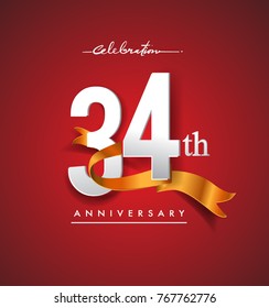 34th anniversary logotype with golden ribbon isolated on red elegance background, vector design for birthday celebration, greeting card and invitation card.