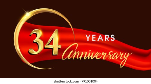 34th anniversary logotype with golden ring isolated on red ribbon elegant background, vector design for birthday celebration, greeting card and invitation card.