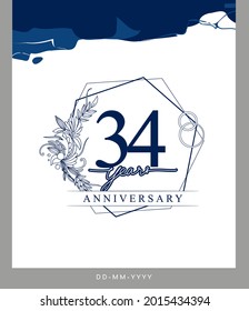 34th Anniversary logotype with hand drawn background blue color for celebration event, wedding, greeting card, and invitation.