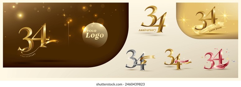 34th anniversary logotype modern gold number with shiny ribbon. alternative logo number Golden anniversary celebration