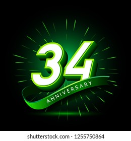 34th anniversary neon text vector design template. green number neon logo, light banner design element colorful design trend, night bright advertising neon text anniversary event party template