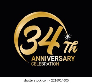 34th Anniversary ordinal number Counting vector art illustration in stunning font on gold color on black background