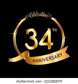 34th Anniversary. Perfect template design for Anniversary celebration event with gold color ribbon and ring, vector illustration