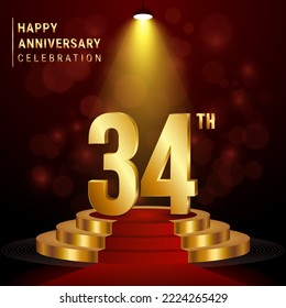 34th Anniversary. Perfect template design with golden podium for celebration events, weddings, greeting cards and invitation cards. Vector illustration