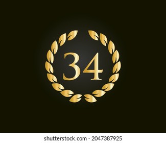 34th Anniversary Ring Logo Template. 34th Years Anniversary Logo With Golden Ring Isolated On Black Background, For Birthday, Anniversary And Company Celebration
