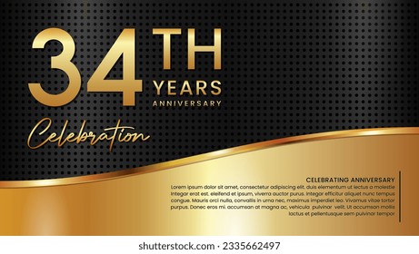 34th anniversary template design in gold color isolated on a black and gold texture background, vector template