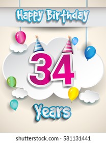 34th birthday Celebration Design, with clouds and balloons. Design greeting card and invitation for the celebration party of thirty four years anniversary
