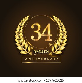 34th gold anniversary celebration logo with golden color and laurel wreath vector design.