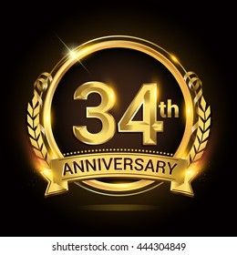 34th golden anniversary logo, 34 years anniversary celebration with ring and ribbon, Golden anniversary laurel wreath design.