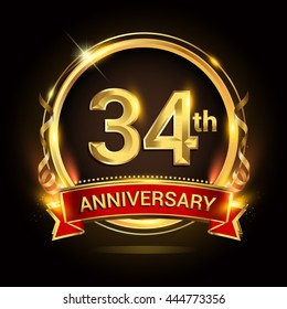 34th golden anniversary logo with ring and red ribbon, vector design.