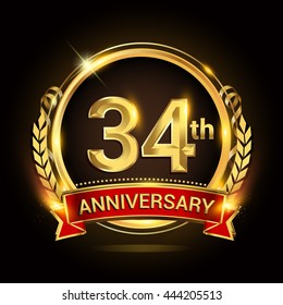 34th golden anniversary logo, with shiny ring and red ribbon, laurel wreath isolated on black background, vector design